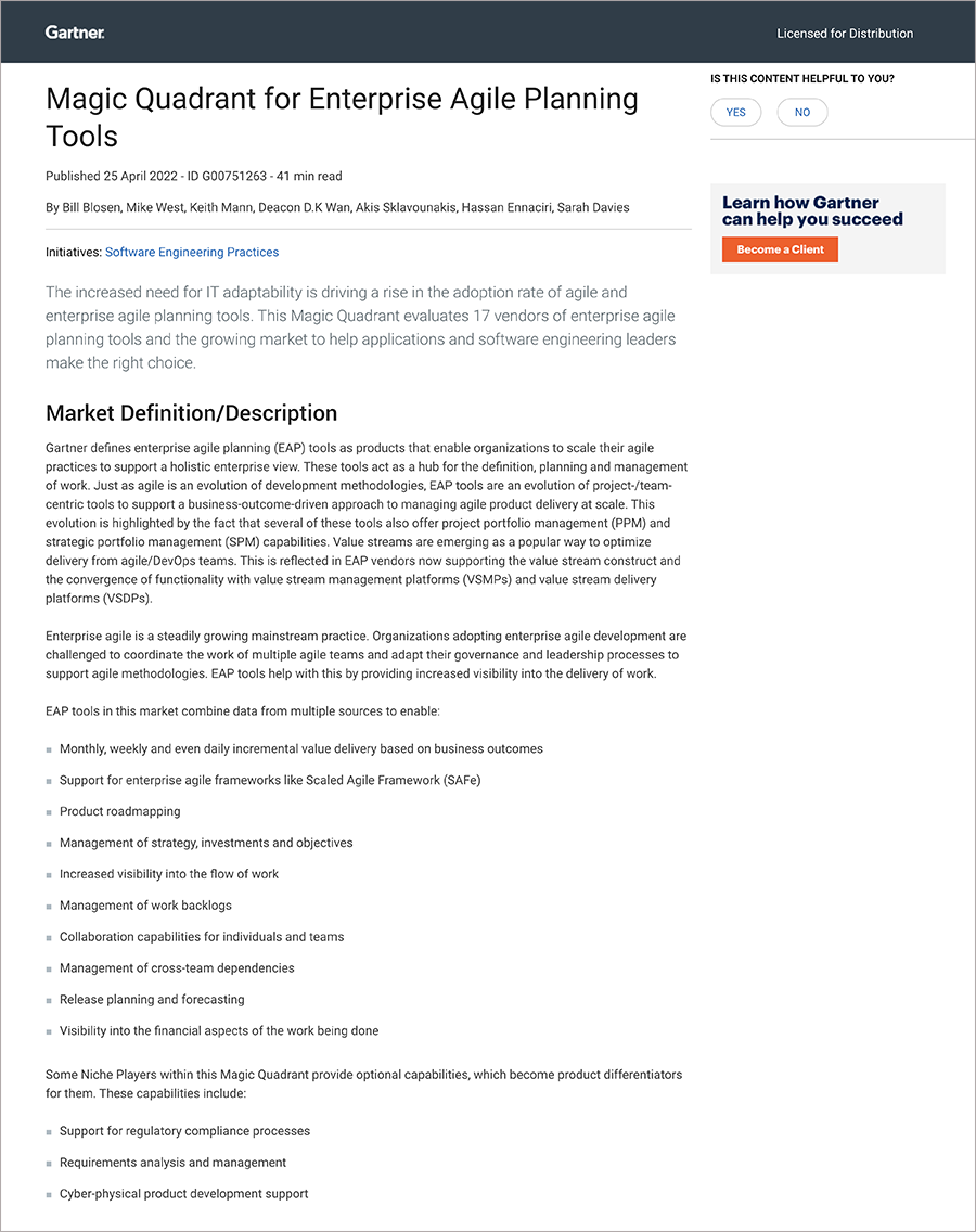 2022 Gartner® Magic Quadrant™ Enterprise Agile Planning Tools report